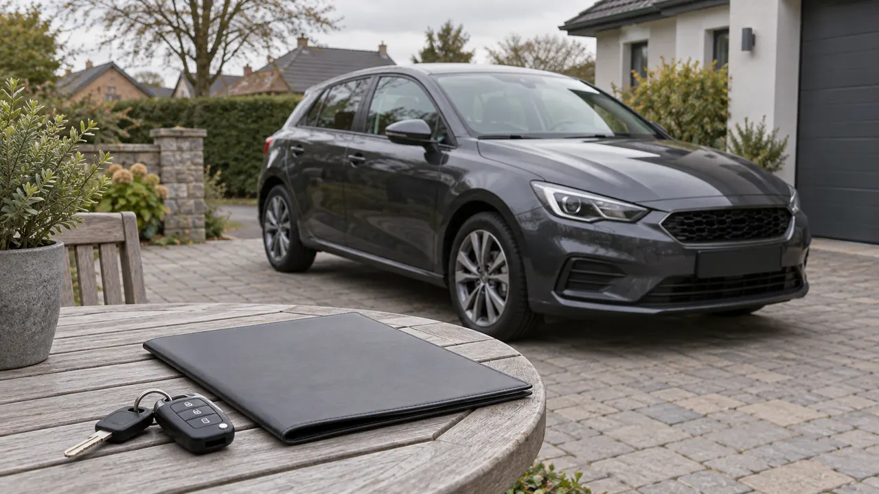 Illustrative hatchback in a driveway with keys and a document folder