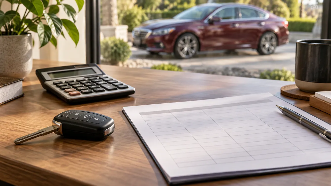 Illustrative car key, calculator, and comparison worksheet on a desk