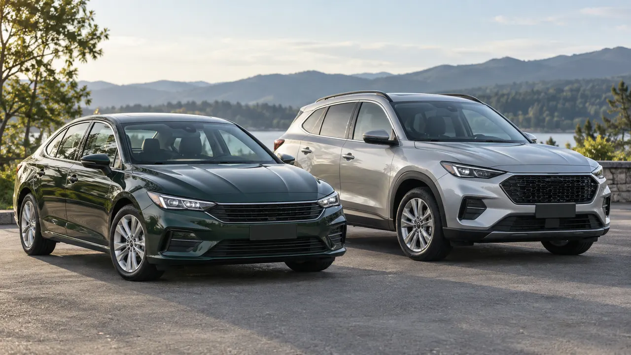 Illustrative green sedan and silver crossover parked for comparison